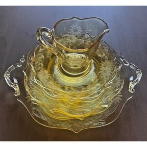 Lancaster Glass Jubilee Yellow Floral Etched Depression Creamer Platter Plates